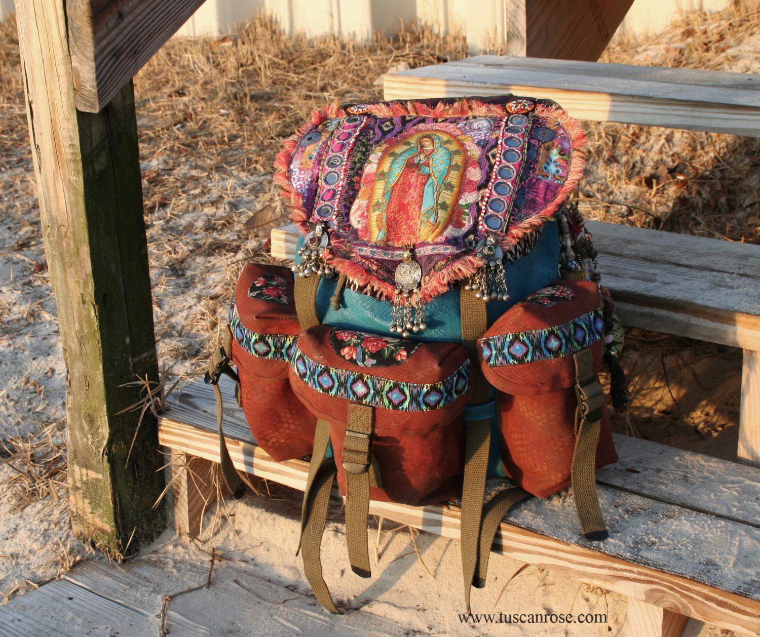 Guadalupe, bag, tote, backpack, custom, fabric, material, tuscan rose, kuchi, banjara, gypsy, boho, bohemian, sew, sewing, craft, dye, artisan, hand made, USA made, one of a kind, tribal, ethnic, modern, urban, textile, art, complex, design, designer, creative, paint, stencil, upcycled, repurposed, military, altered, collage, college, grunge, punk, outsider, urban, pug